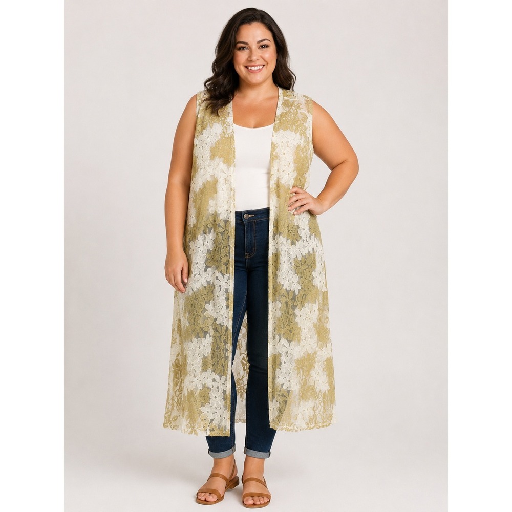 LuLaRoe Joy Duster Vest XL Gold White Floral Lace Metallic Longline Boho Layer